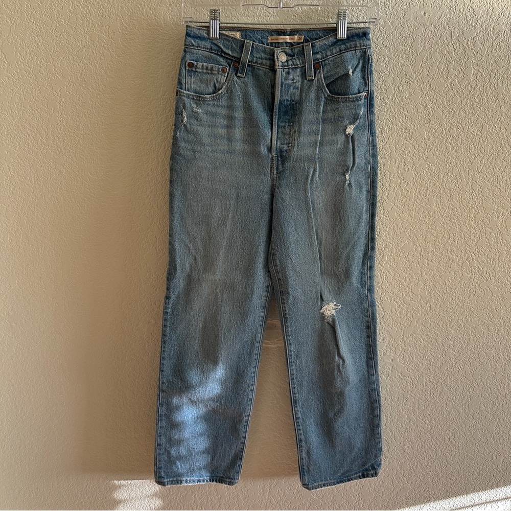 Levi's Women's Ribcage Straight Ankle Leg Jeans Light Wash Blue Distressed Sz 25